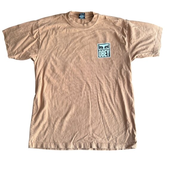 Obey Mens Graphic Tee T-Shirt Medium Tan Cotton Casual Crewneck - Picture 1 of 5